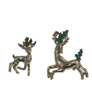 Vintage Gerry's Reindeer Gold tone Enamel Brooch Pins Costume Jewelry Set of 2